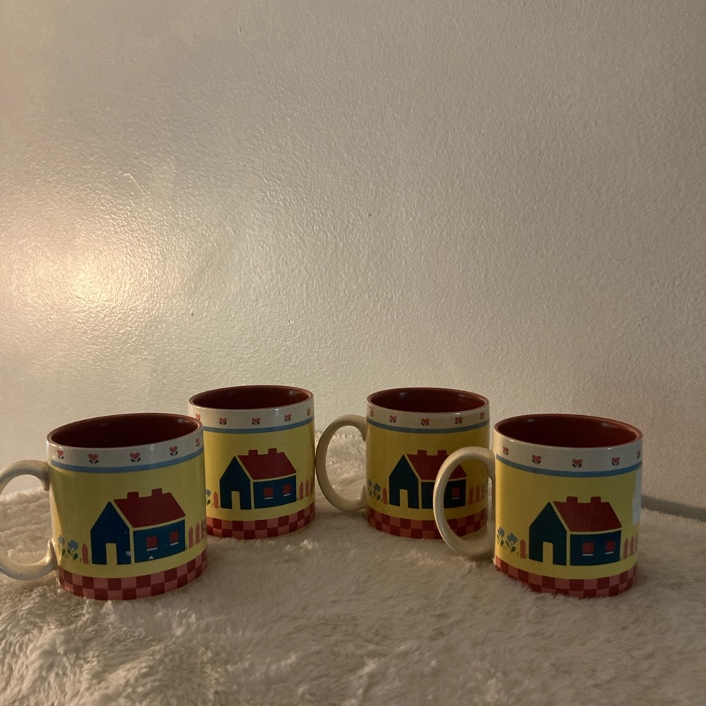 Russ Berrie Vintage 1990’s “Home Sweet Home” Colorful 12oz Mugs - Set of 4